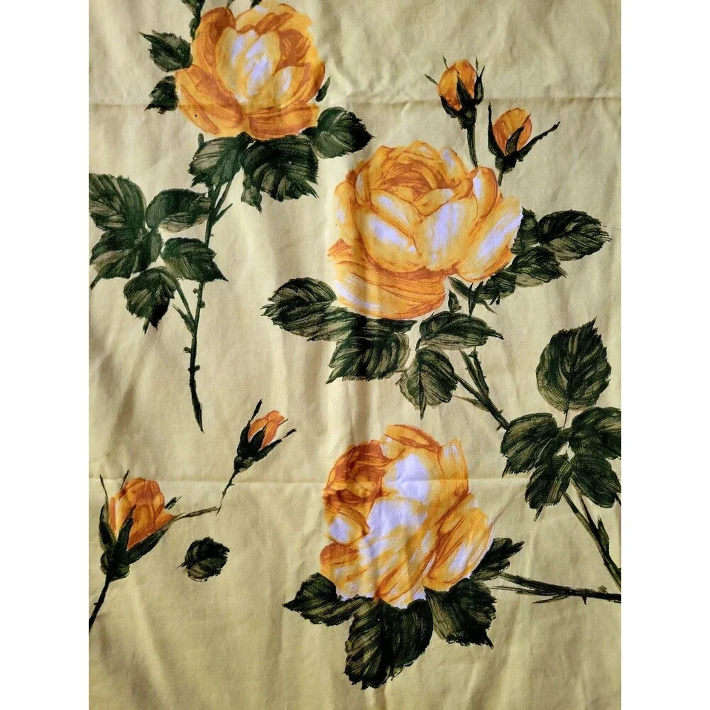 Yellow Roses Tablecloth Vintage 49”x42” Handmade from Flat Sheet Bright Colors